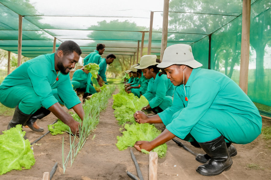 DAPP VTS trainees tending crops in a nursery